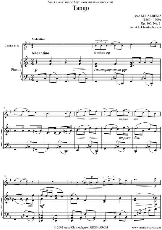 Product picture Albeniz, Tango - Piano Clarinet Sheet music